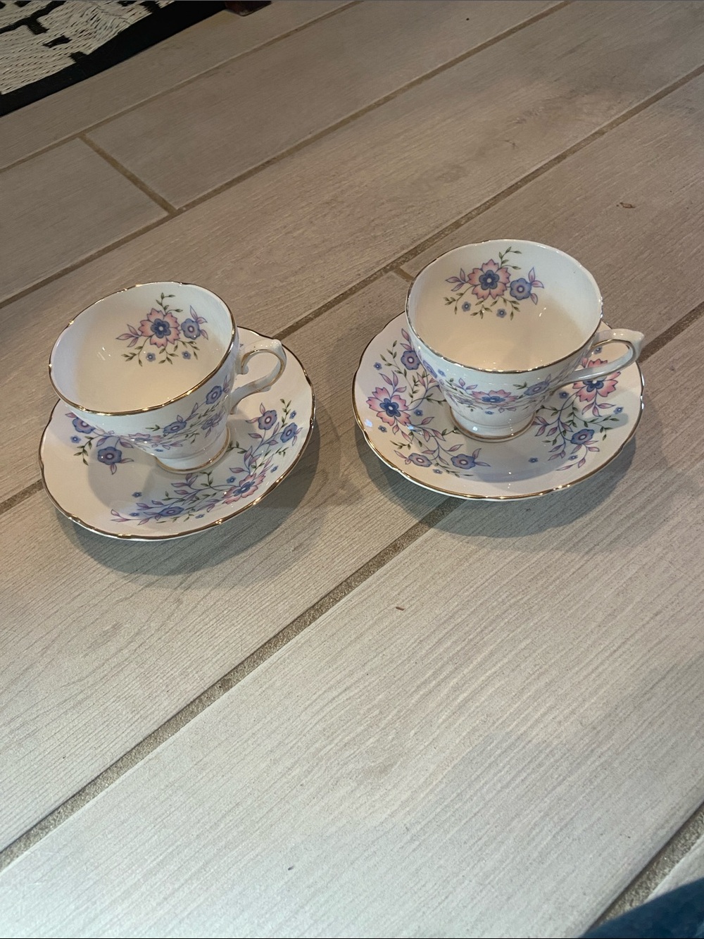 Vintage Floral Bone China Teacup & Saucer Set - White with Pink & Blue Flowers